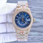 Best Quality Replica Swiss 2824 Rolex SKY Gold Iced Out Watch Blue Dial 41mm